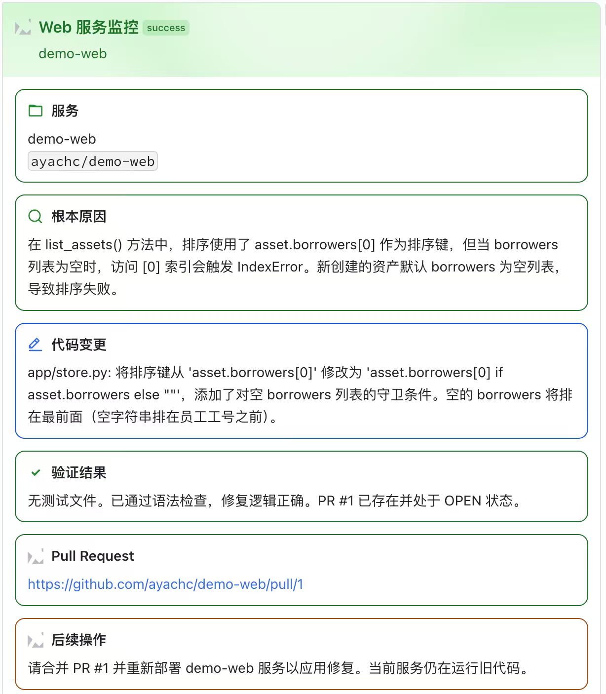 Web Monitor 修复结果卡片